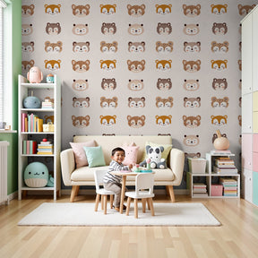 Animal faces mural wallpaper with woodland creatures in cozy kids nursery by Kids-Mundo
