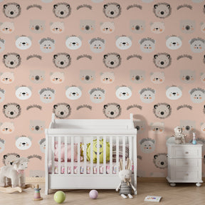 Pink animal faces wallpaper transforming kids playroom with charming bear and lion designs