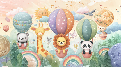 Kids-Mundo polar bear, giraffe, lion, and panda in hot air balloons artwork