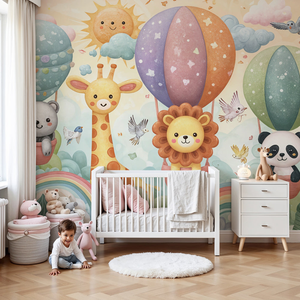 Kids-Mundo animal friends hot air balloon wall mural in a colourful, cheerful nursery
