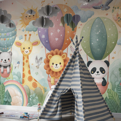Kids-Mundo animal friends balloon wall mural covering a wall in a lively children's playroom