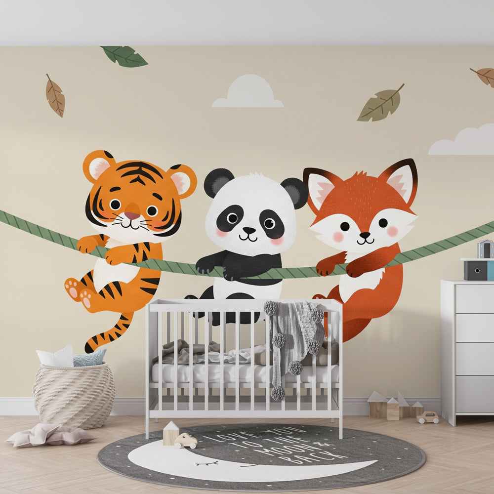 Cute animal mural wallpaper creating playful kids bedroom decor with natural wood furniture