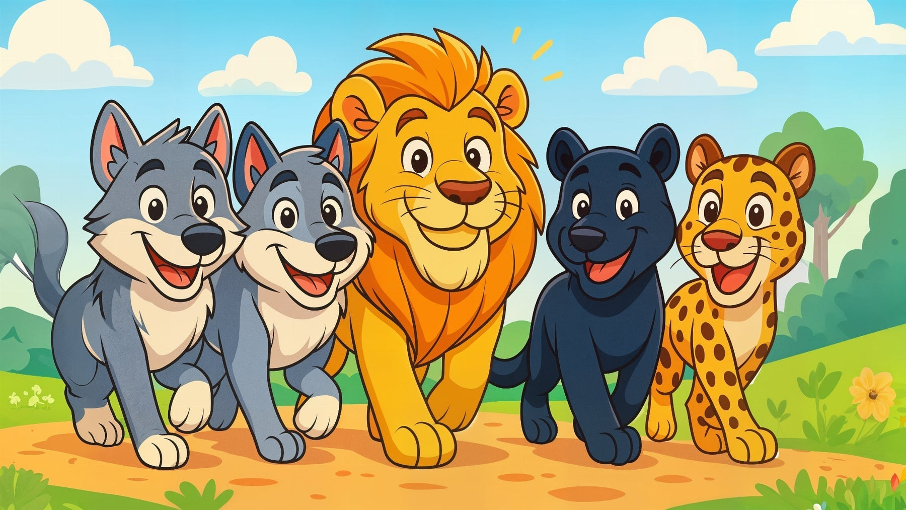 Detailed safari animal friends mural wallpaper design pattern showing lions wolves leopards by Kids-Mundo