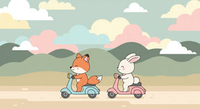 Detailed fox and rabbit scooter adventure mural wallpaper design pattern by Kids-Mundo