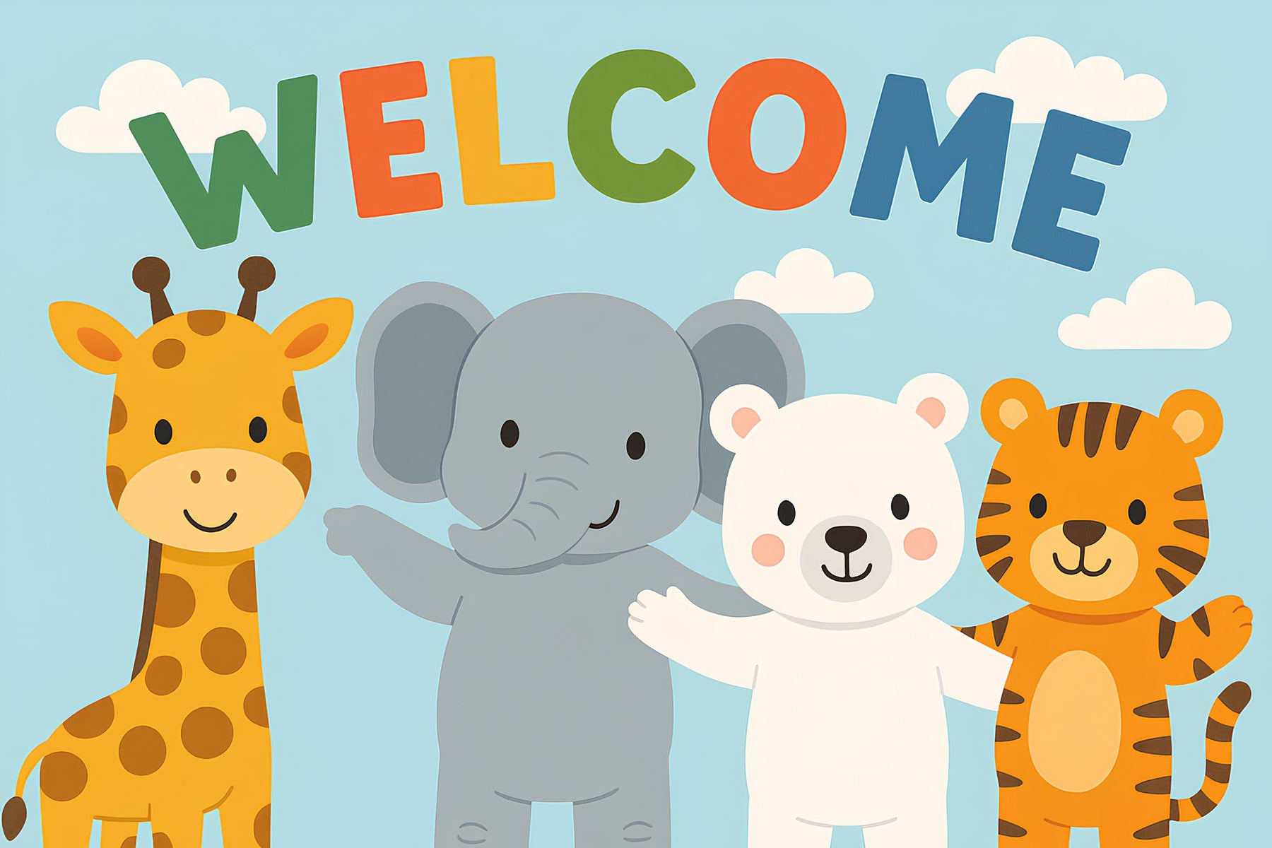 Detailed animal friends mural wallpaper design pattern with giraffe elephant bear tiger by Kids-Mundo