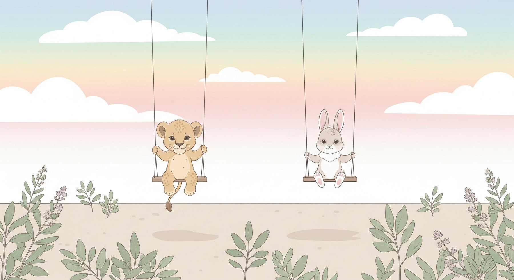 Detailed animal friends mural wallpaper design pattern showing lion cub and bunny on swings by Kids-Mundo