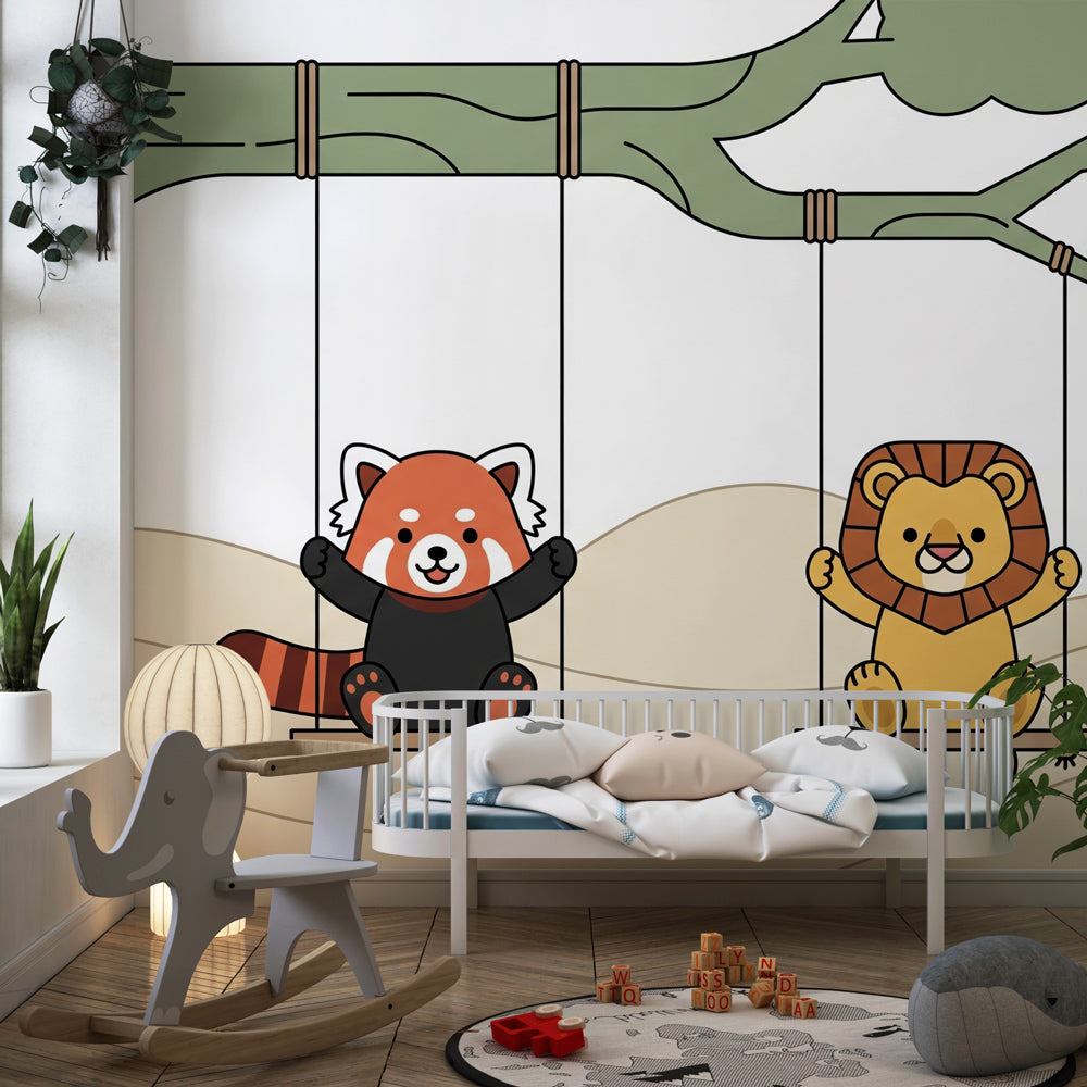 Red panda and lion swing wallpaper creating playful atmosphere in children's bedroom