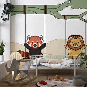 Red panda and lion swing wallpaper creating playful atmosphere in children's bedroom