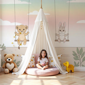Animal friends mural wallpaper with lion cub and bunny in peaceful baby nursery by Kids-Mundo