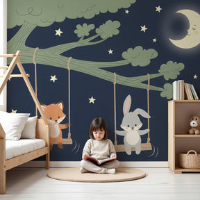 Animal friends mural wallpaper creating peaceful nursery atmosphere with starry night theme by Kids-Mundo