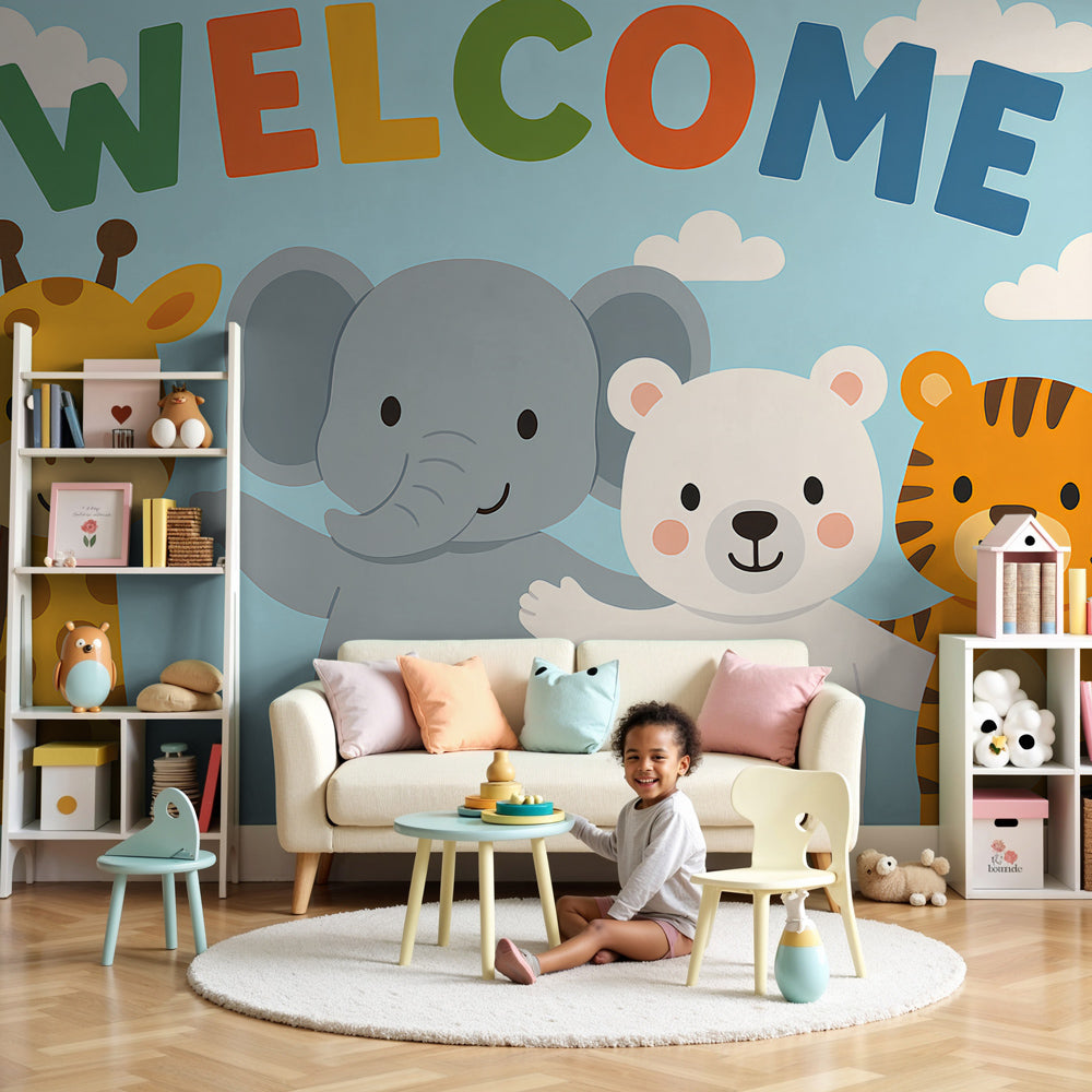 Animal friends mural wallpaper in bright nursery room with colorful furniture by Kids-Mundo