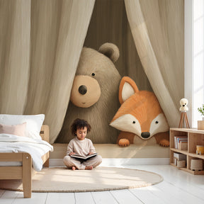 Bear and fox mural wallpaper creating cozy woodland nursery decor by Kids-Mundo