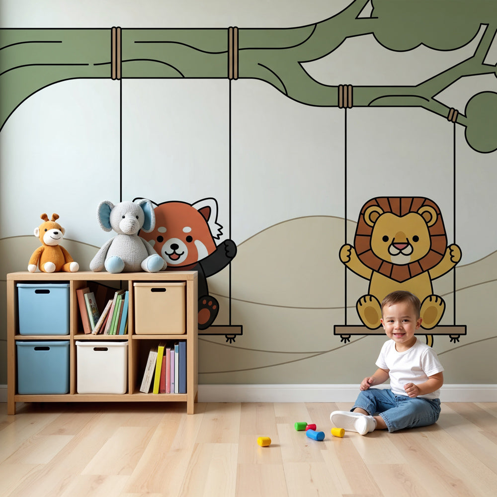 Animal friends mural wallpaper with red panda and lion in modern nursery by Kids-Mundo