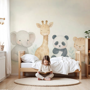 Animal friends mural wallpaper featuring safari animals in soft pastel nursery by Kids-Mundo