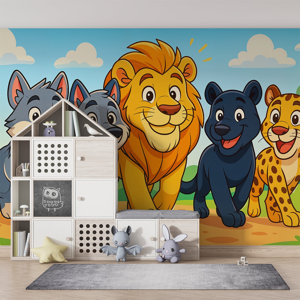 Wild animal mural wallpaper transforming children's playroom into safari adventure space