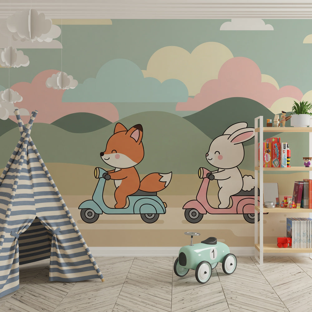 Woodland creatures on scooters mural wallpaper transforming playroom into adventure zone