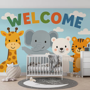 Welcome message animal mural wallpaper installed in cheerful children's playroom