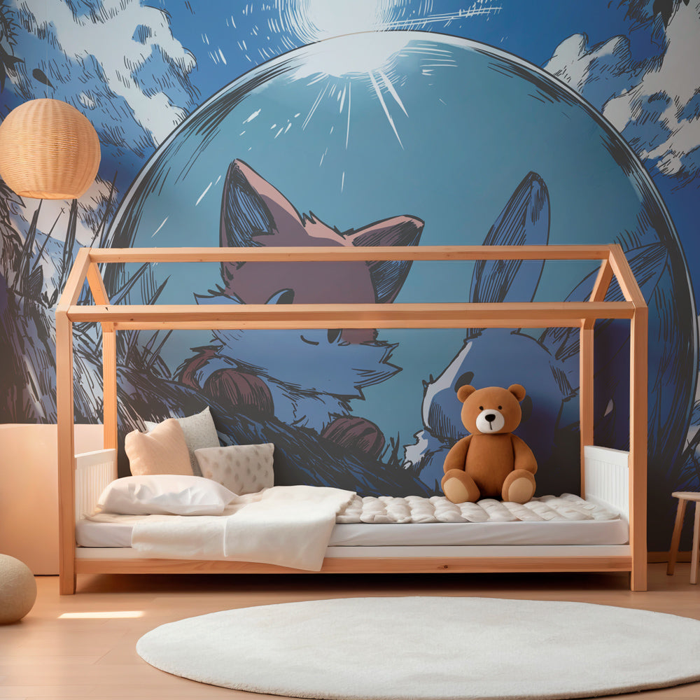 Magical sky animal friends wallpaper transforming kids playroom with soft blue tones