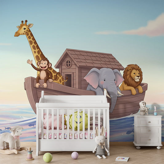 Kids-Mundo giraffe, monkey and elephant wall mural as a feature wall in a kids' bedroom.