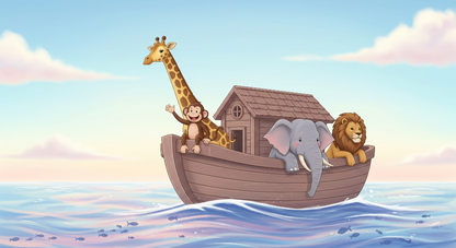Kids-Mundo flat artwork preview of a giraffe, monkey, elephant and lion sailing together.