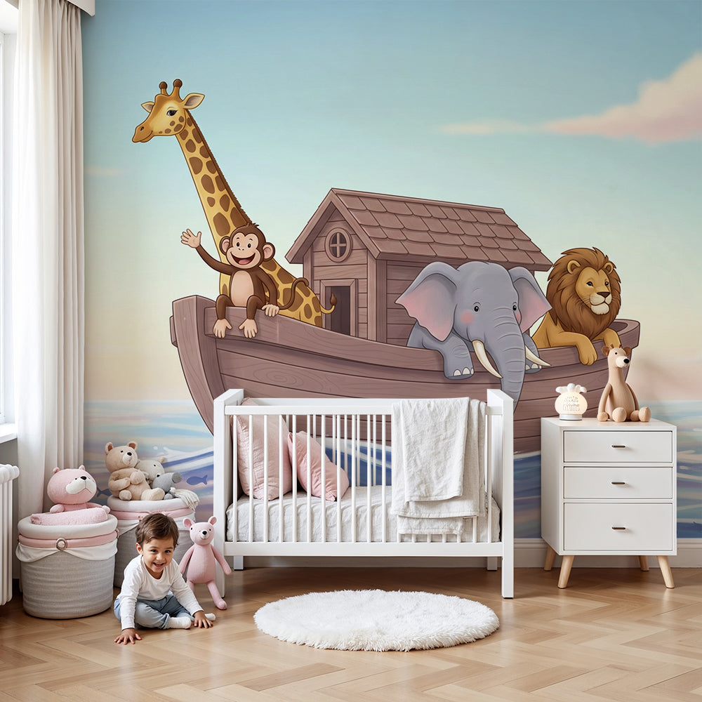 Kids-Mundo animal friends ocean mural styled on a soft pastel nursery wall.