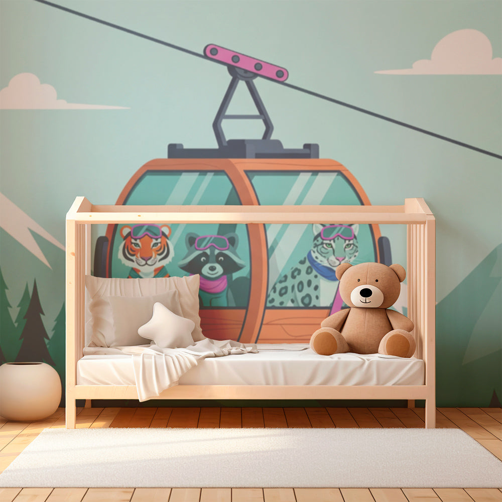 Kids-Mundo mountain wall mural with animals in a cable car in a kids bedroom