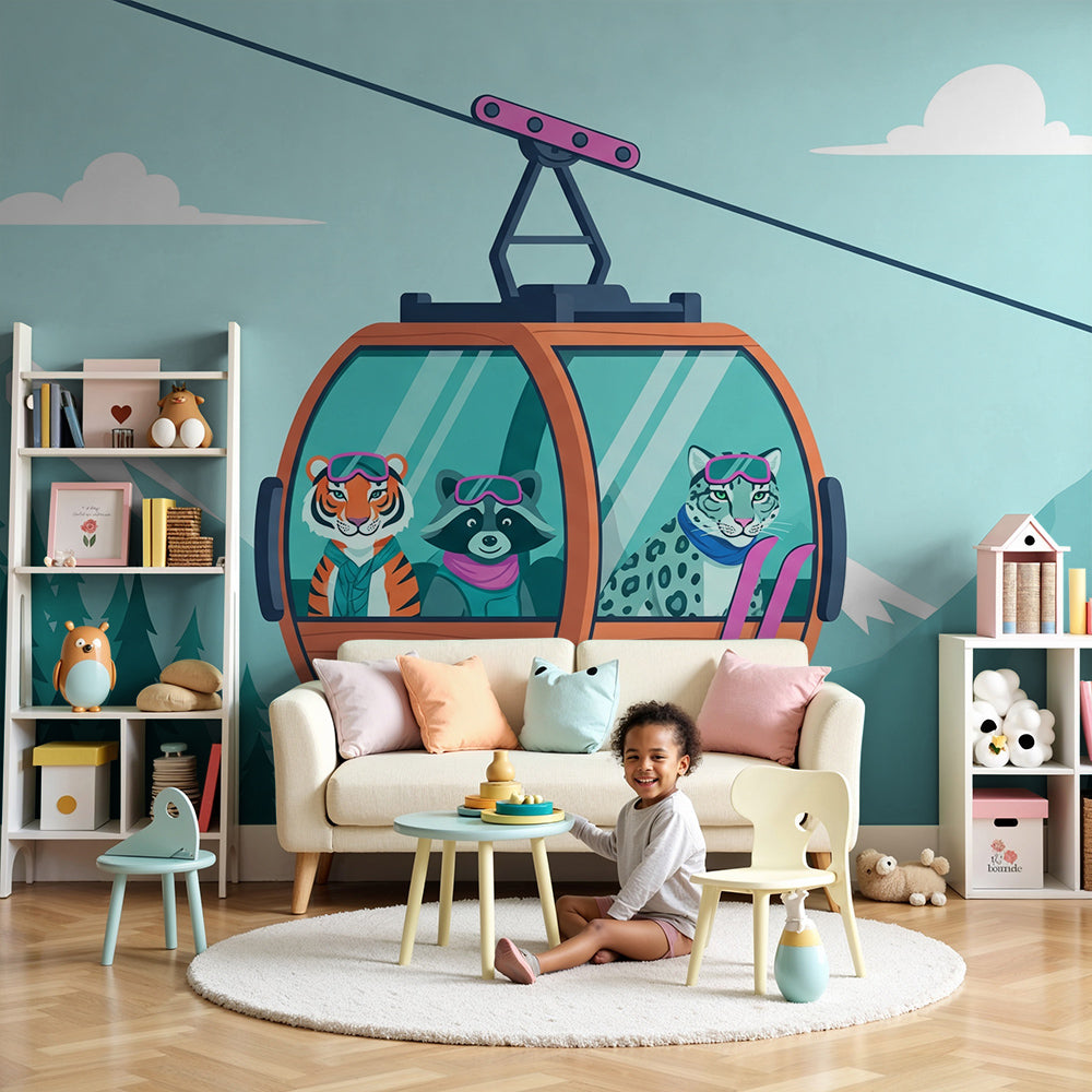 Kids-Mundo animal friends ski gondola wall mural in a bright nursery room