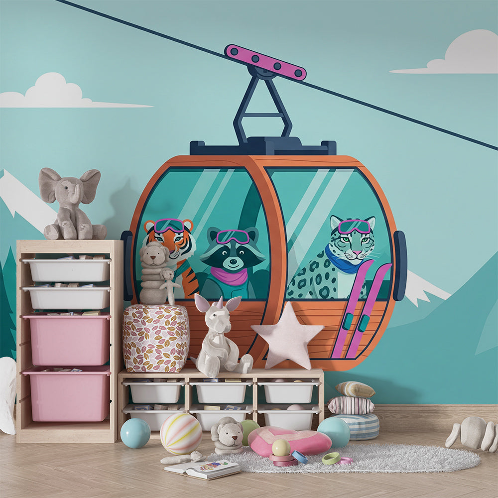 Kids-Mundo ski gondola animal mural covering a playroom wall with a rug and toys