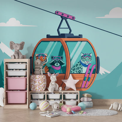Kids-Mundo ski gondola animal mural covering a playroom wall with a rug and toys