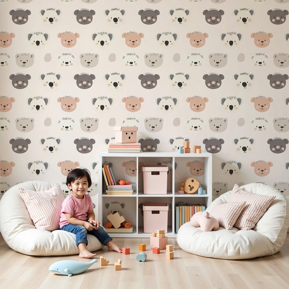 Animal heads mural wallpaper with bears and hedgehogs in soft pastel nursery by Kids-Mundo