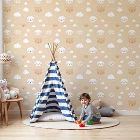 Animal heads and clouds mural wallpaper in modern nursery with natural wood crib by Kids-Mundo