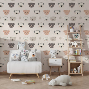 Cute animal heads wallpaper featuring bears and hedgehogs in modern kids playroom setting
