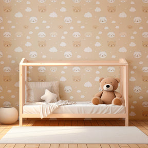 Whimsical animal and cloud wallpaper transforming kids playroom with neutral tones