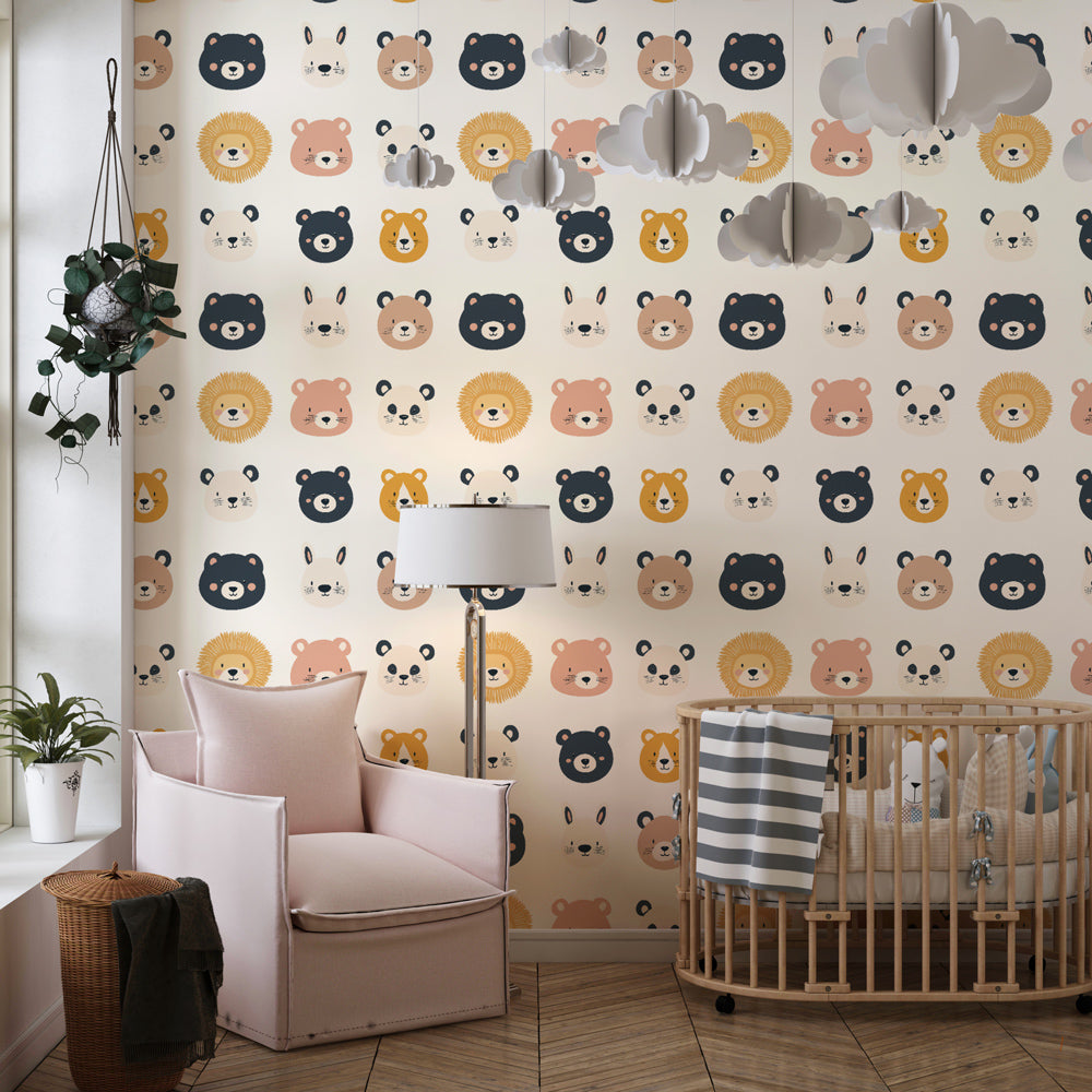 Safari animal heads wallpaper transforming kids playroom with friendly creature designs