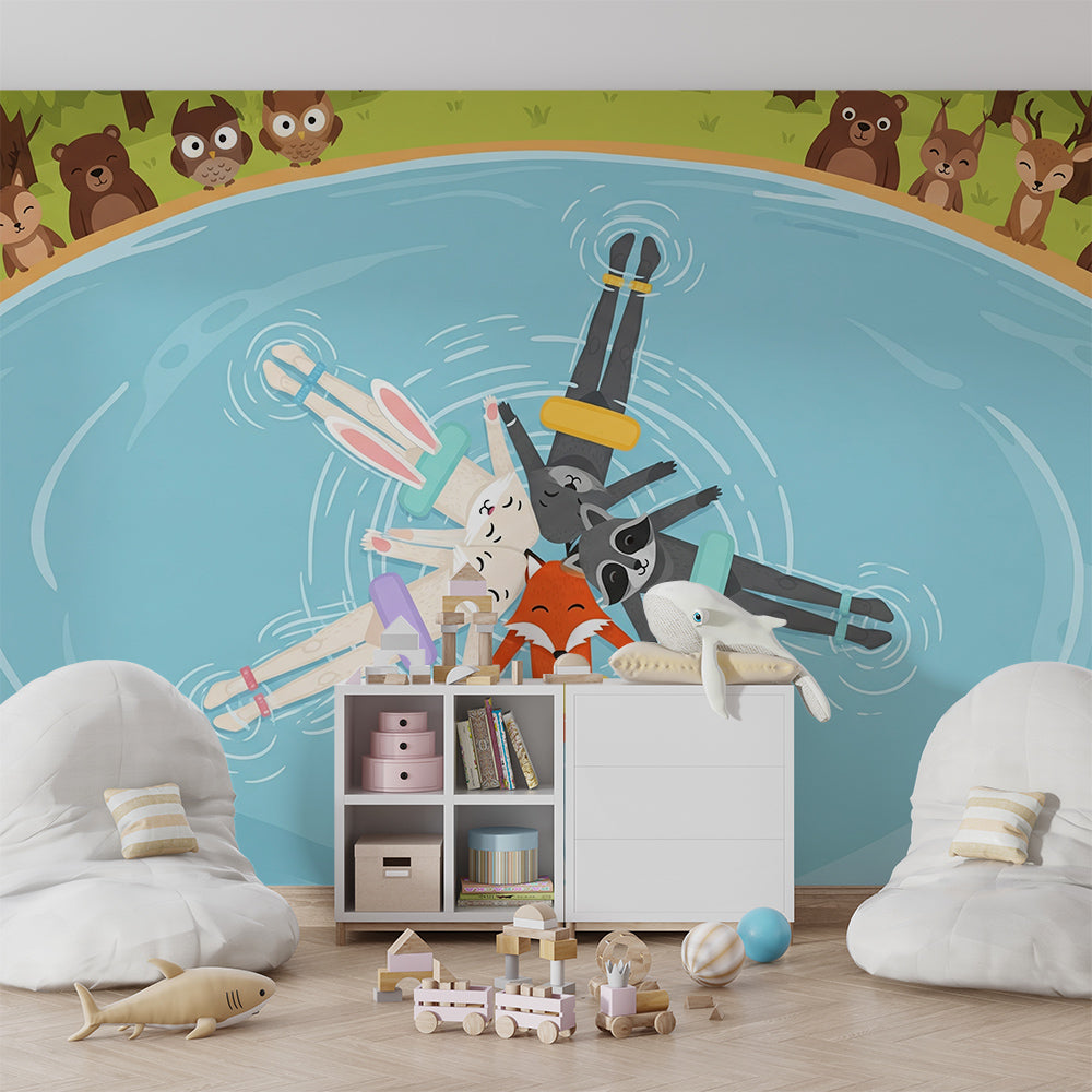 Kids-Mundo floating animal friends wall mural on a feature wall in a kids bedroom.