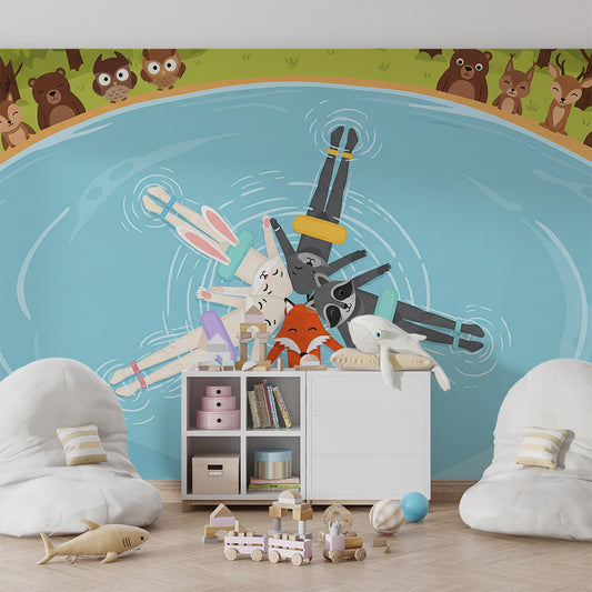 Kids-Mundo floating animal friends wall mural on a feature wall in a kids bedroom.