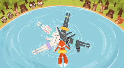Kids-Mundo flat artwork preview of the fox, rabbit and raccoon forest lake mural design.