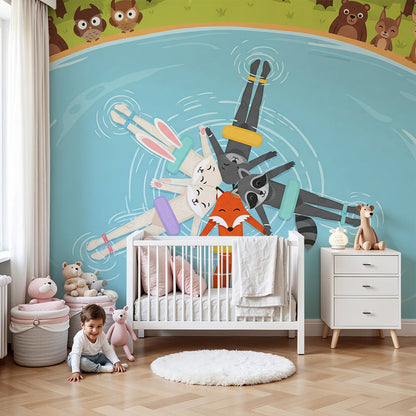 Kids-Mundo forest lake animal circle wall mural styled above a cot in a soft nursery.