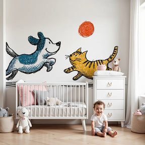 Animal mural wallpaper featuring playful dog and cat in modern nursery by Kids-Mundo