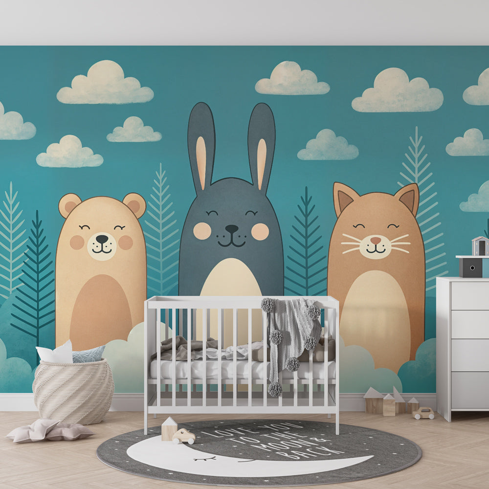Forest animal wallpaper creating cheerful children's bedroom decor with woodland theme