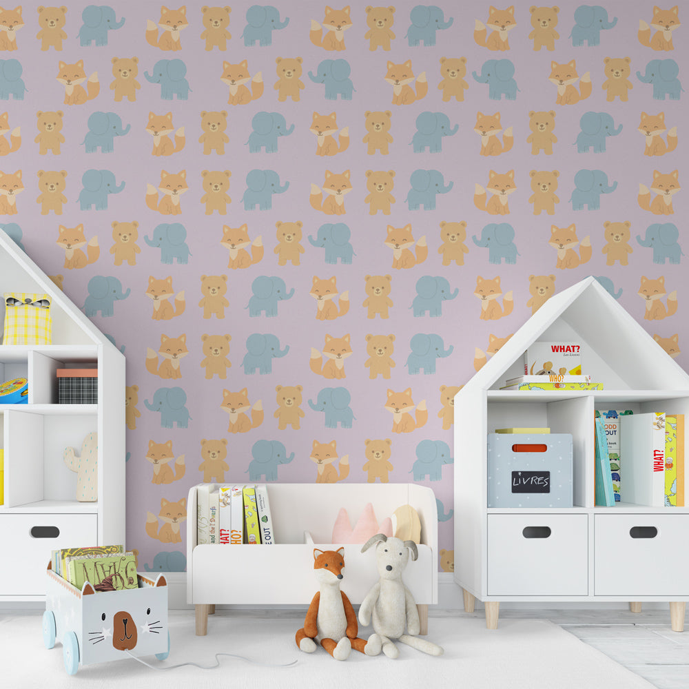 Soft colored animal wallpaper in modern kids room with natural furniture and playful decor