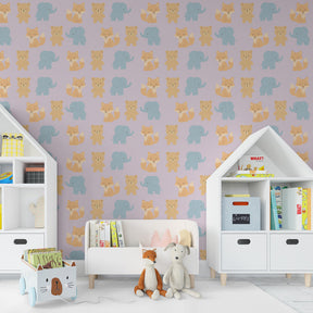 Soft colored animal wallpaper in modern kids room with natural furniture and playful decor