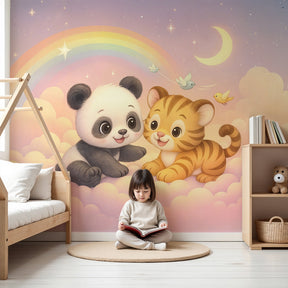 Panda and tiger animal mural wallpaper creating magical nursery decor with rainbow and cloud theme by Kids-Mundo