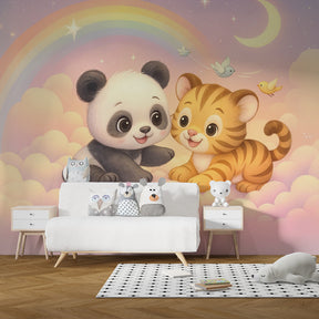Pastel animal mural wallpaper with panda tiger and stars decorating cheerful children's playroom