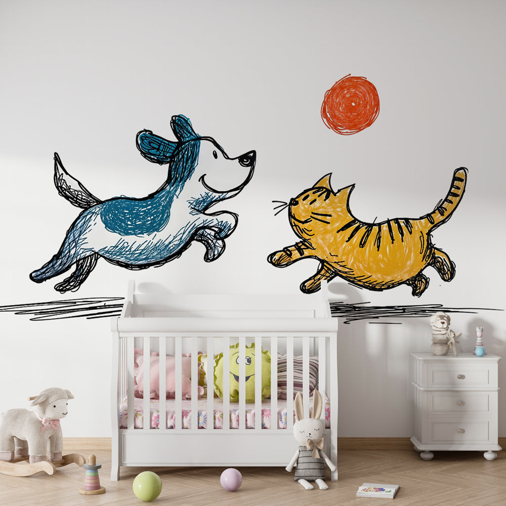 Dog and cat wallpaper creating cheerful atmosphere in children's bedroom decor