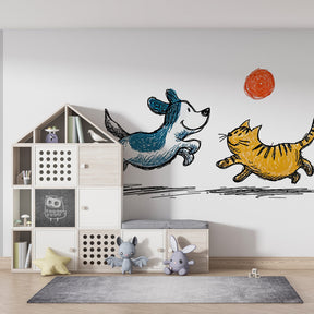 Pet-themed mural wallpaper transforming kids playroom with friendship motif