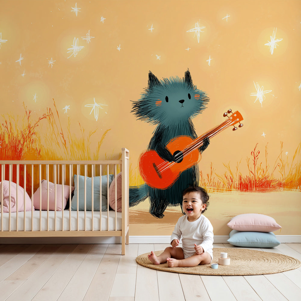 Animal musician mural wallpaper with guitar and stars in cozy kids bedroom by Kids-Mundo