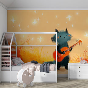 Musical animal wallpaper creating dreamy nursery atmosphere with sunset colors