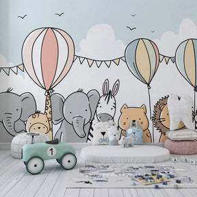 Elephant and zebra balloon wallpaper creating joyful atmosphere in children's bedroom decor