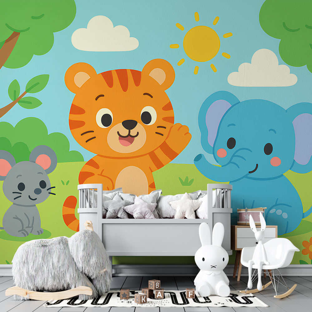 Cute animal wallpaper featuring friendly safari characters in colorful children's bedroom
